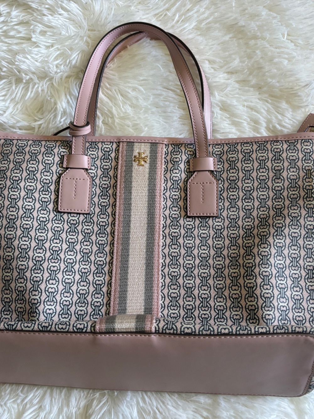 Tory Burch Pink and Cream Logo-Striped Canvas Tote